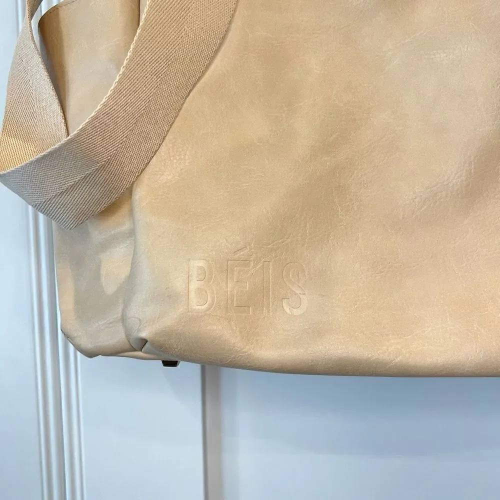 Beis The Baby Bag in Beige Buffalo Trim Vegan Leather 5 Pockets Gold Hardware